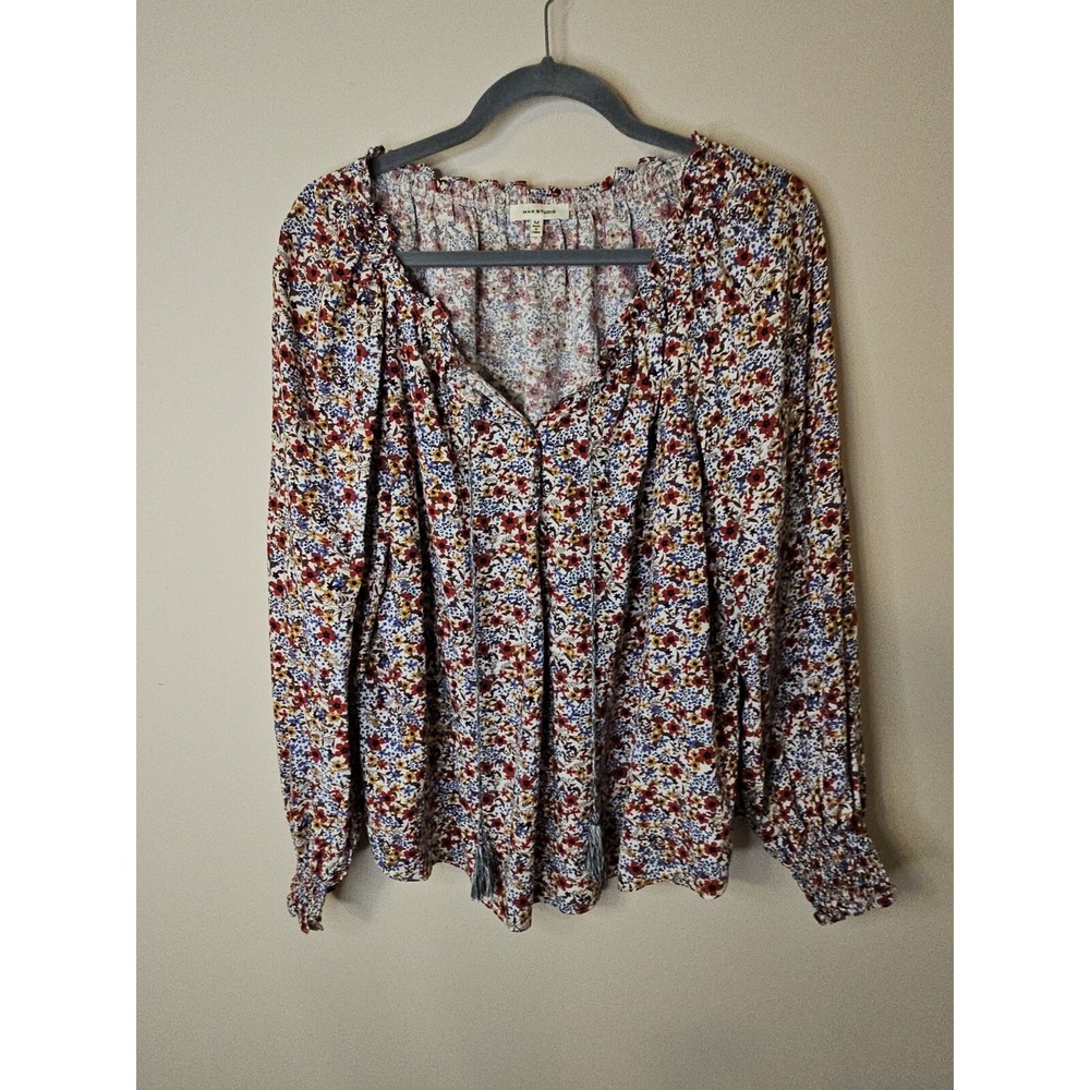 Max Studio Blouse Women M Floral Boho Puff Smocked Sleeve Tassels Flowy Prairie
